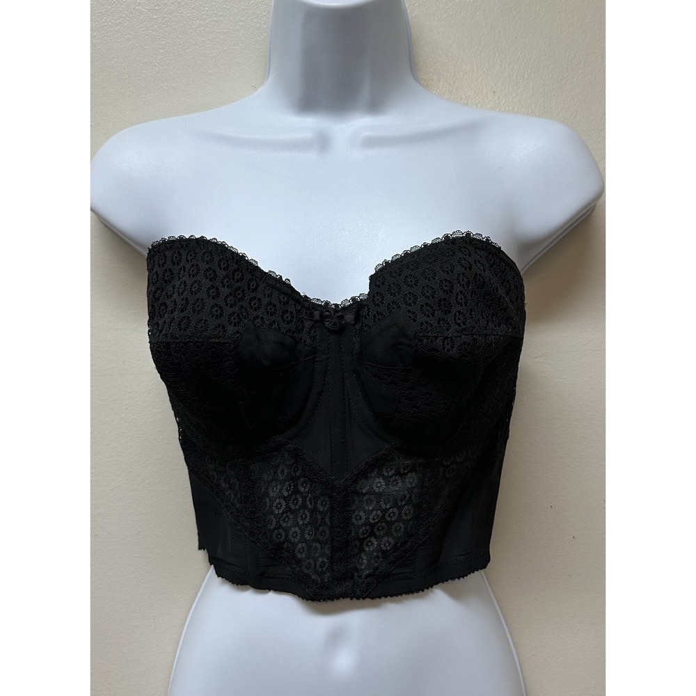 Vintage Bali Black Strapless Bustier Corset Brassiere Bullet Bra Low Back 34C